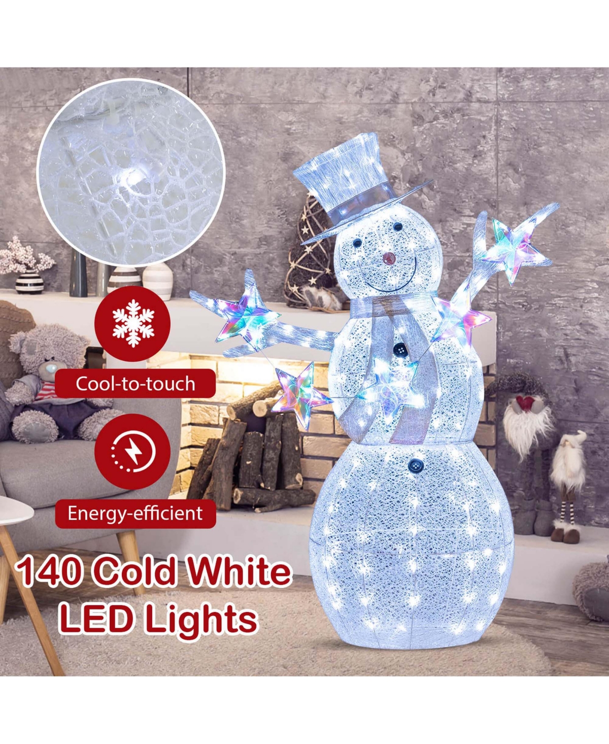 Costway 5 Ft Lighted Snowman with Hat Scarf & Stars Zip Ties & Ground Stakes 140 Led Lights