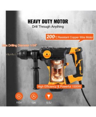 1-1/4" SDS-Plus Rotary Hammer Drill, 13 Amp Corded, Variable Speed, Vibration Control, Safety Clutch, Demolition Tool