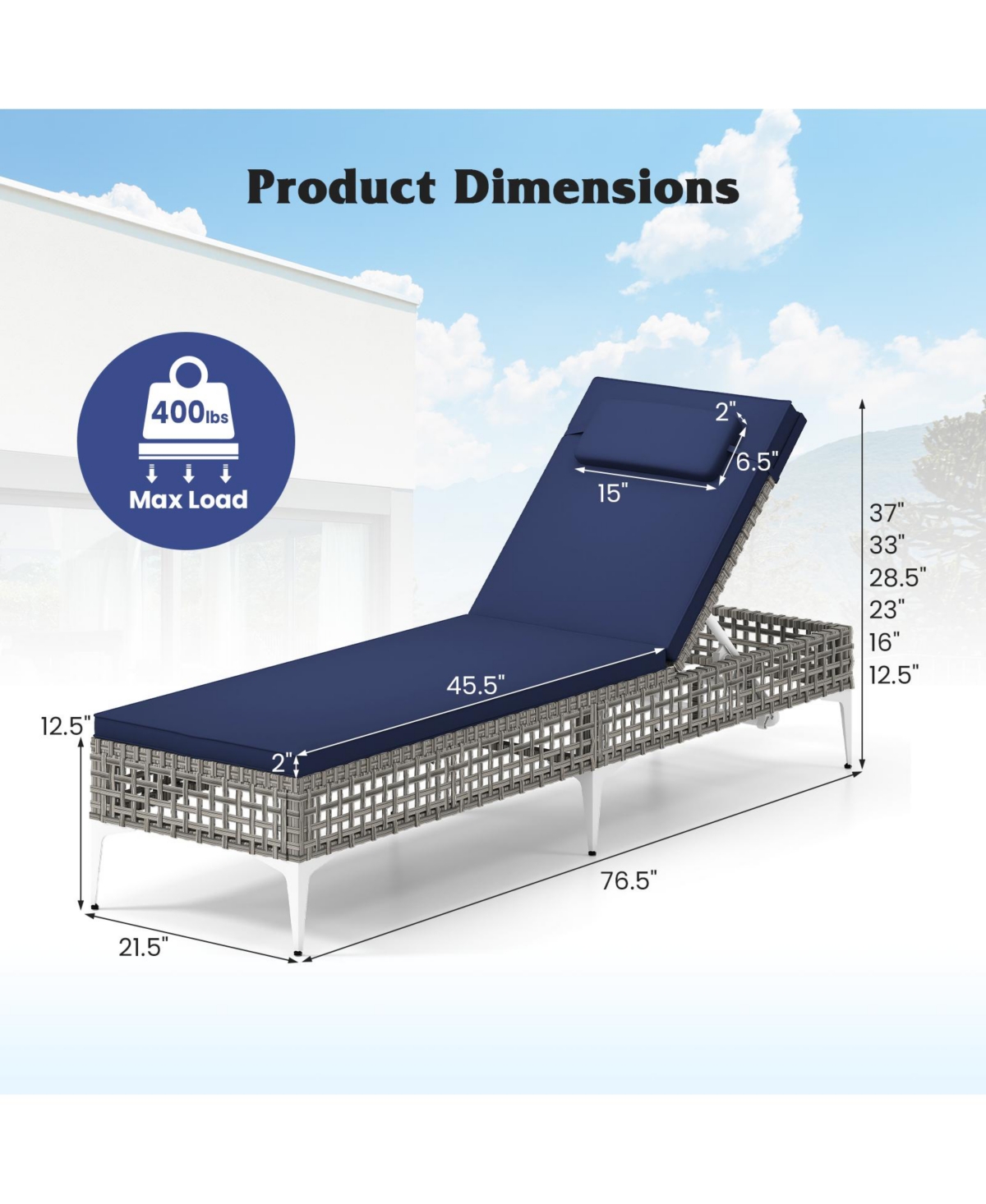 Slickblue Outdoor Chaise Lounge Chair with 6 Position Recline