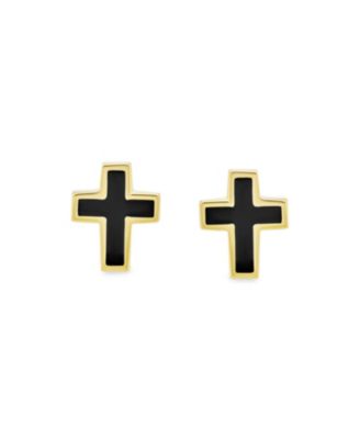 Tiny Religious Mini Cross Stud Earrings Two-tone Black Enamel 14K Gold Screwback