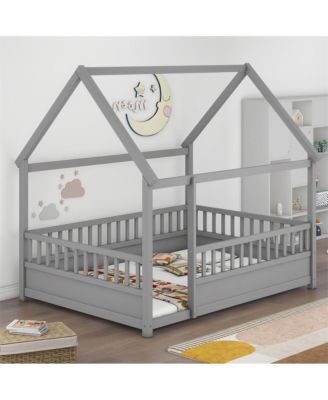 Full Size Wooden Floor Bed with House Roof Frame & Fence Guardrails for Kids