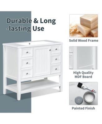 36in. Solid Wood and MDF Board Bathroom Vanity with Sink, One Cabinet and Three Drawers