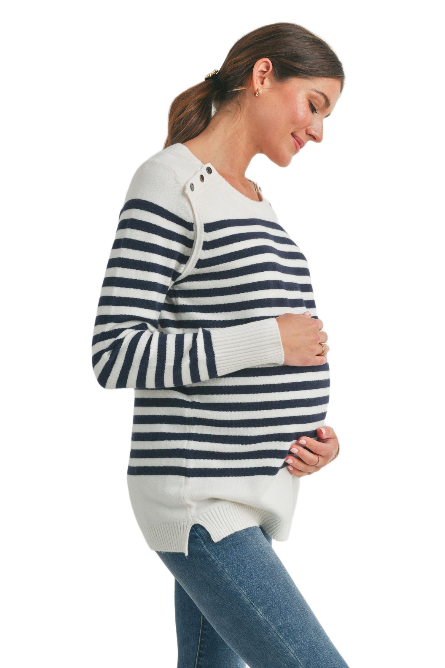 Maternity Striped Button Shoulder Nursing Sweater