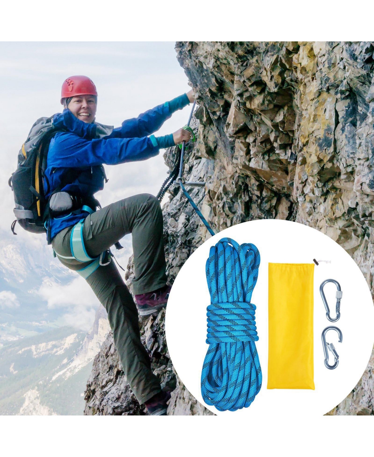 Mecale 10.5 mm Static Climbing Rope, 9.7M (32ft), 25KN Breaking Tension, Fiber Rope with Steel Snap Hooks, Blue