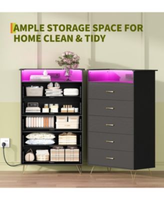 5-Drawer Dresser with RGB Lights, Charging Station & App-Controlled Music Sync. Large Wooden Chest for Bedroom Storage.