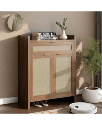 32.4" Boho Rattan Shoe Cabinet – 5-Tier Wooden Organizer with Doors for Entryway & Living Room Storage