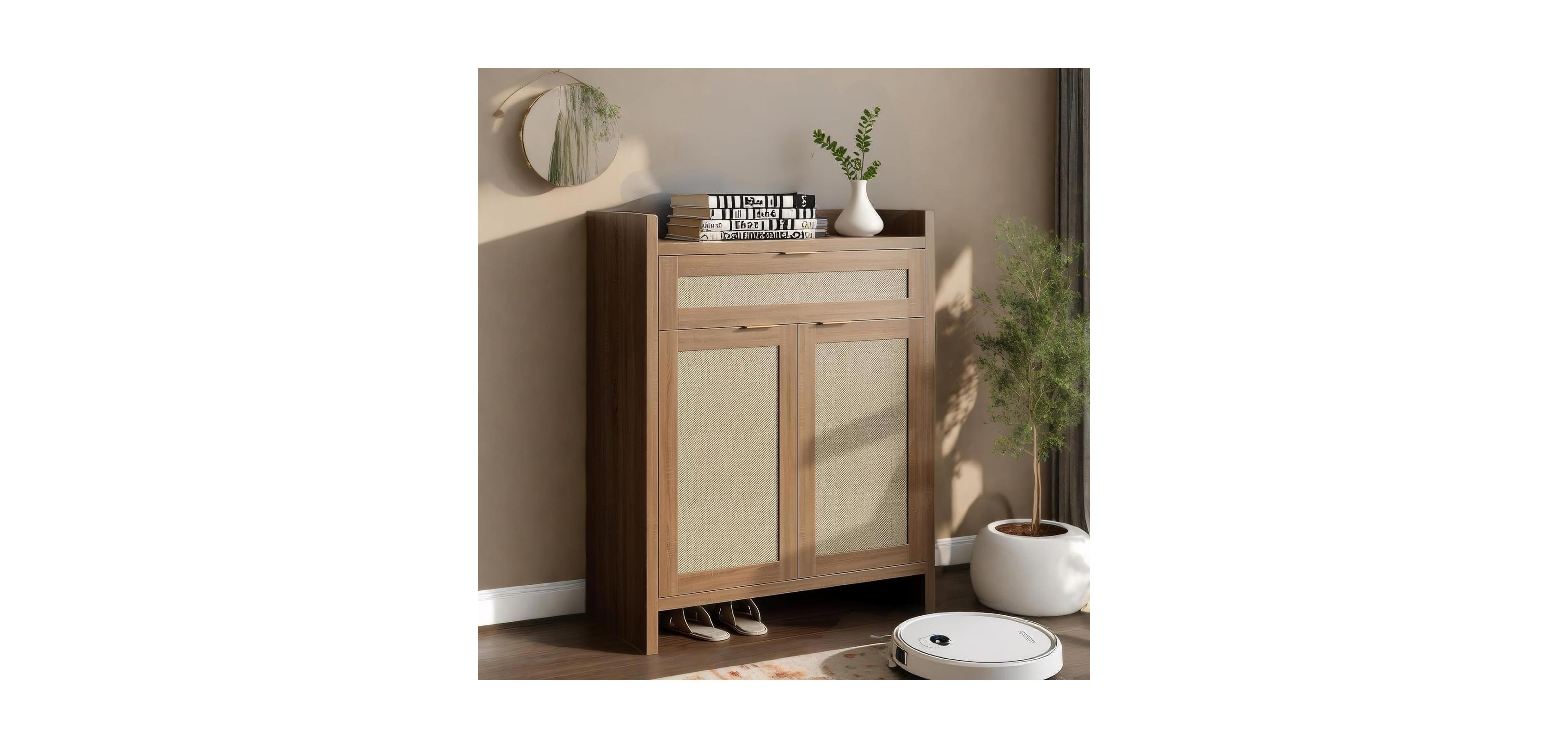 Gaomon 32.4" Boho Rattan Shoe Cabinet – 5-Tier Wooden Organizer with Doors for Entryway & Living Room Storage
