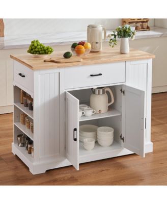 46" MDF, Rubberwood Kitchen Island Cart with Wood Top, Storage Cabinet, Adjustable Shelf, Drawer, Farmhouse Rolling Table