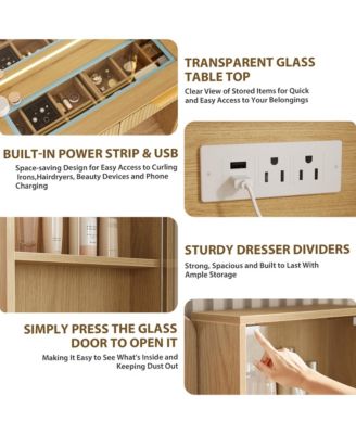 48" Makeup Vanity Desk with Glass Top, LED Mirror & Lights, 5 Drawers, Power Outlet – Modern Fluted Bedroom Design