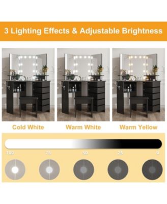 Farmhouse Vanity Desk with Mirror and Lights,Modern Makeup Vanity with Charging Station