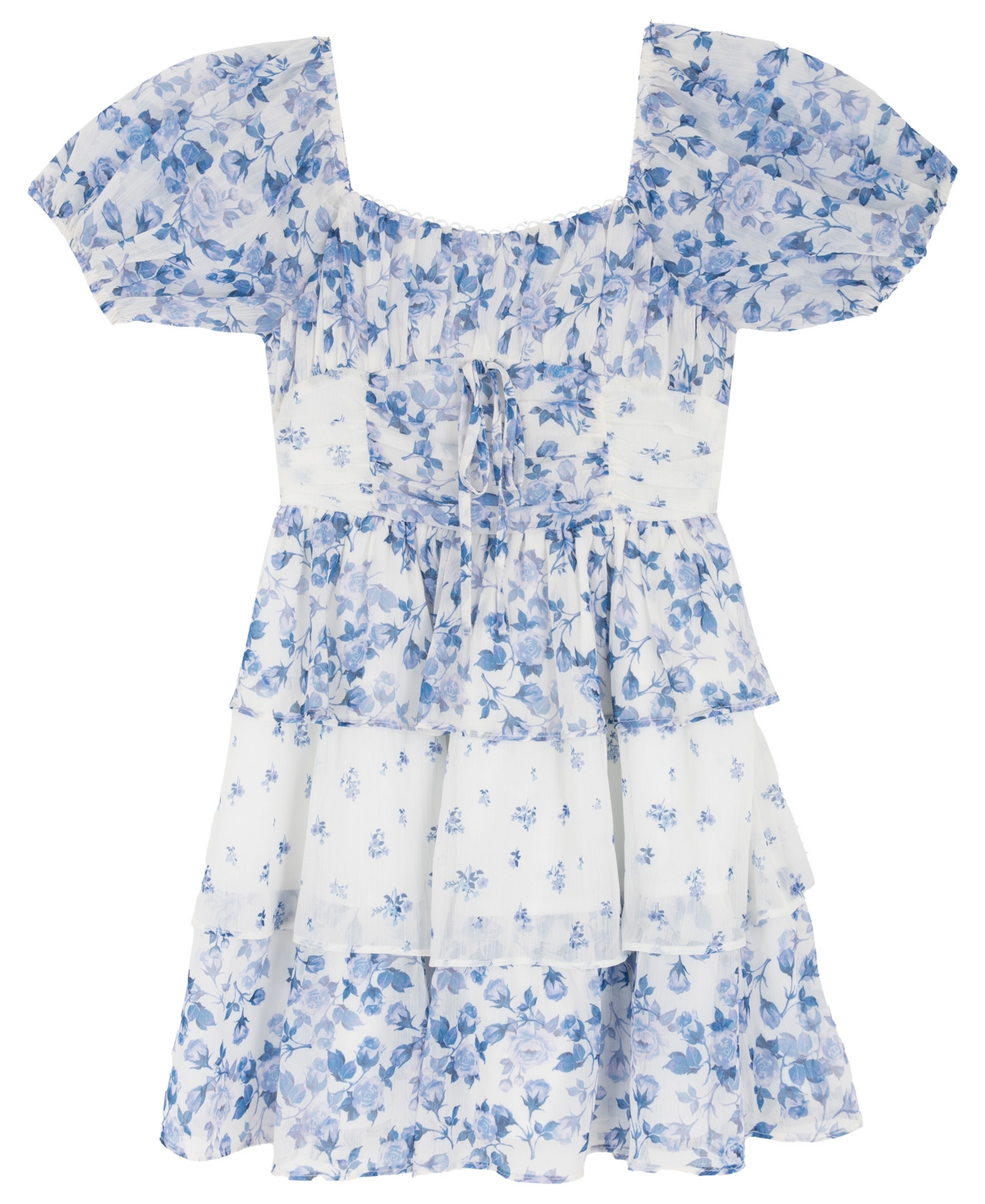 Rare Editions Girls' 7-16 Mixed Print Ruched Puff-Sleeve Dress
