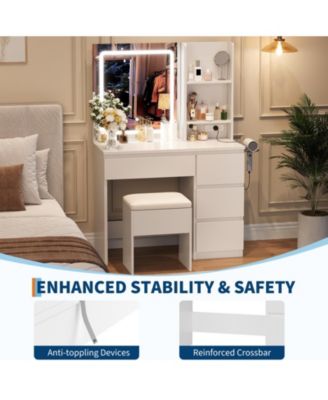 Makeup Vanity with Light and Mirror, Vanity Desk Foldable Desktop, Adjustable Lighting, Drawers and Cushioned Stool, Dressing Table for Bedroom