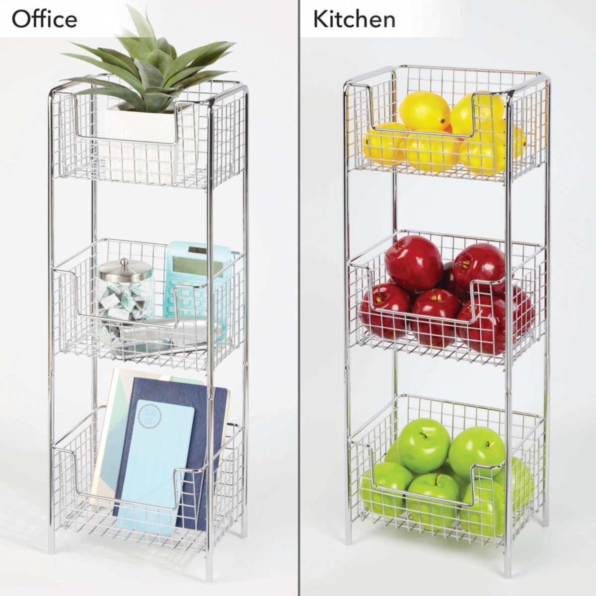 mDesign Steel Freestanding 3-Tier Storage Organizer Tower with Baskets - Chrome