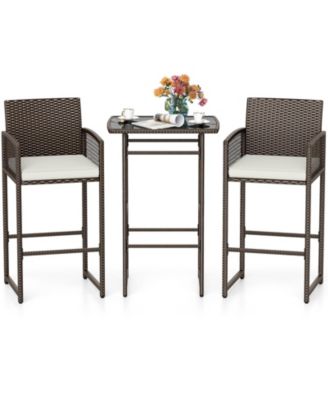 Outdoor 3-Piece Wicker Bar Set with Seat Cushions