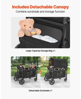 Wagon Stroller for 4 Kids, Collapsible Push Pull Quad Stroller with Adjustable Handle, 5-Point Harness, Removable Canopy, Black, 330 lbs Load
