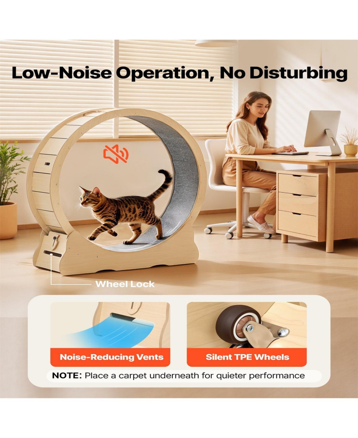 Aostirmotor 35.8 in Wooden Cat Running Wheel with Carpeted Runway in Natural Wood