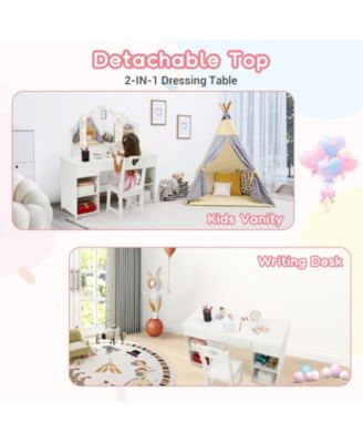 Kids Vanity Set with Mirror, 2-in-1 Wooden Toddler Vanity Table with Stool, Tri-Folding Mirror & Drawer, Removable Top