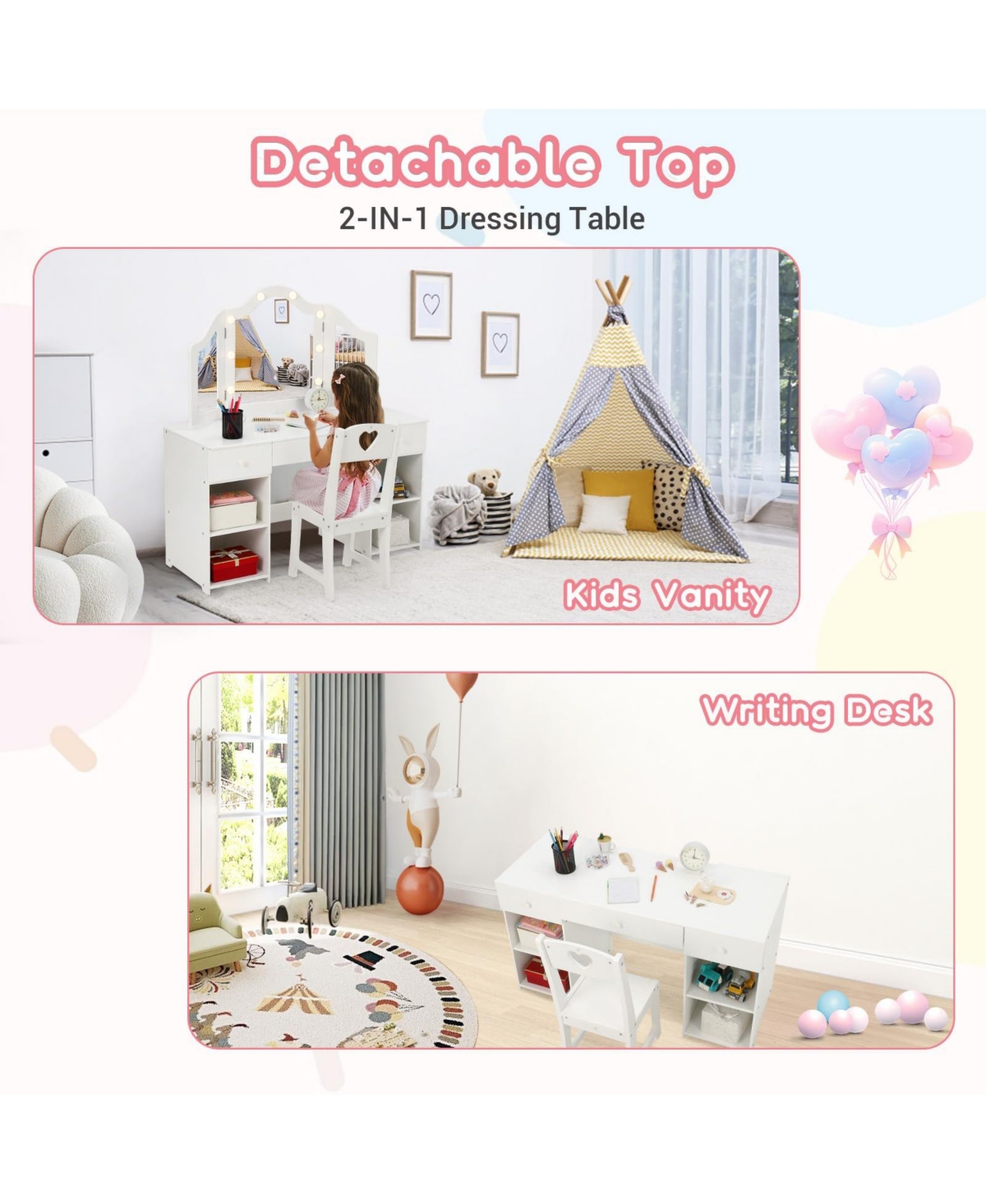 gaomon Kids Vanity Set with Mirror, 2-in-1 Wooden Toddler Vanity Table with Stool, Tri-Folding Mirror & Drawer, Removable Top