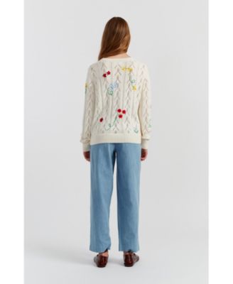 Women's Hand-Embroidered Floral Cotton Sweater