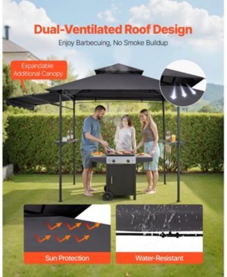 8 x 5 ft Grill Gazebo, Double-Tiered Top BBQ Gazebo with Extra Awning, Steel Frame, 2 Side Shelves, Bottle Opener and Hooks