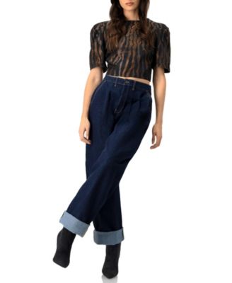 Women's Short Puff Sleeve Jacquard Blouse