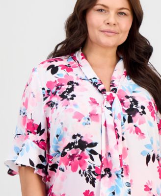 Plus Size Printed Short-Sleeve Tie-Neck Top