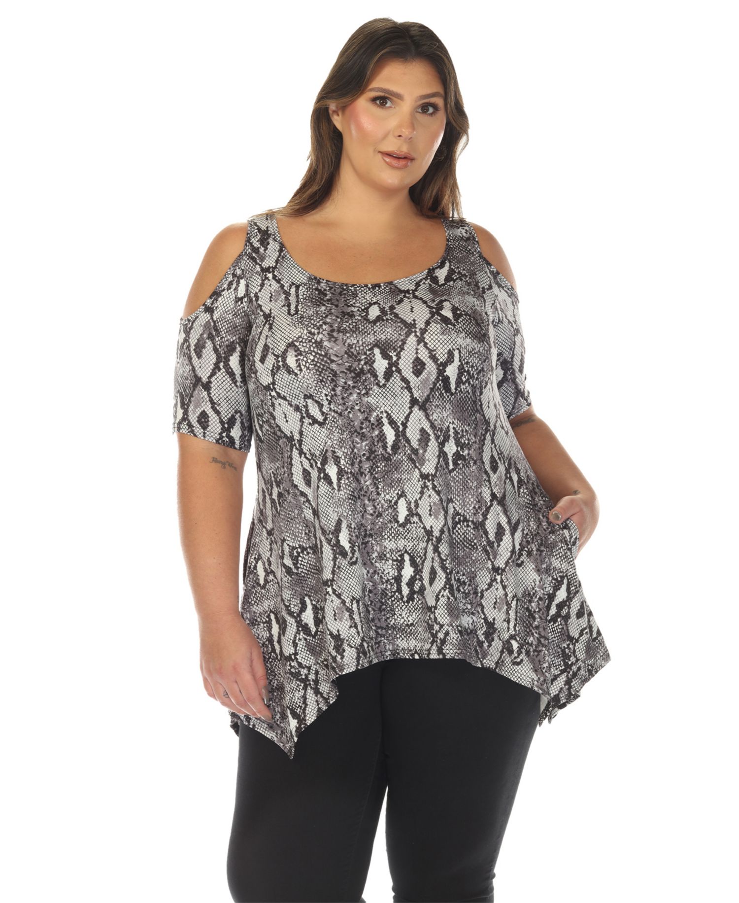 Plus Size Cold Shoulder Snake Print Swing Top
