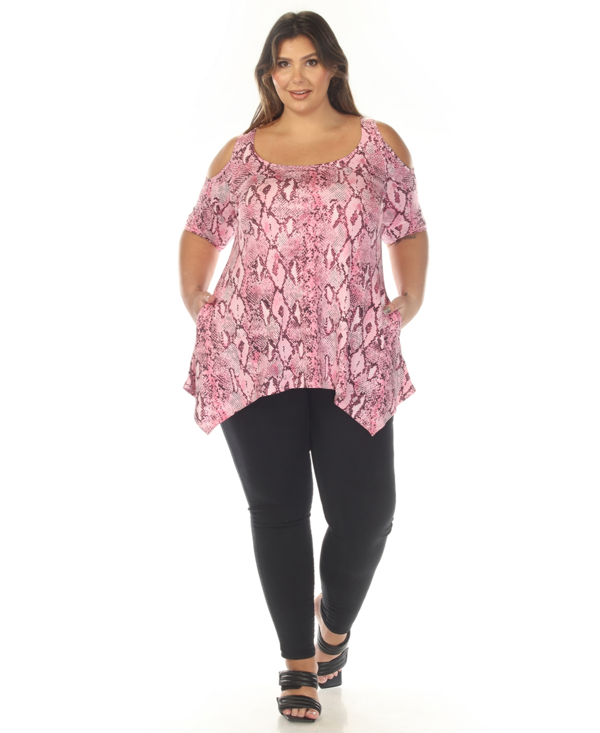 White Mark Plus Cold Shoulder Snake Print Swing Top