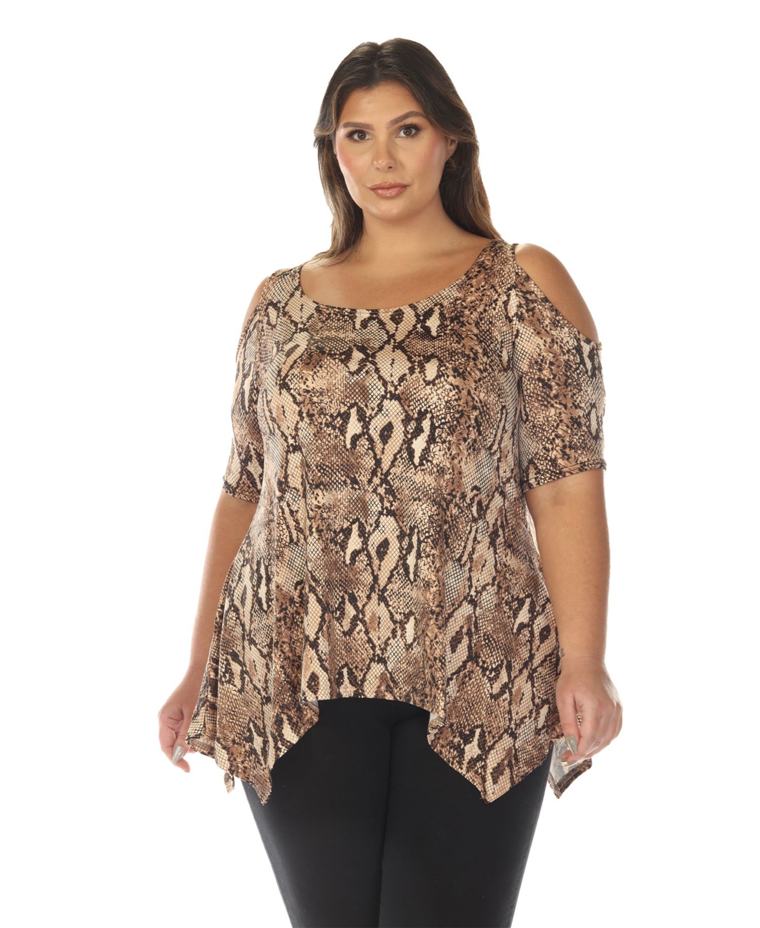 Plus Size Cold Shoulder Snake Print Swing Top