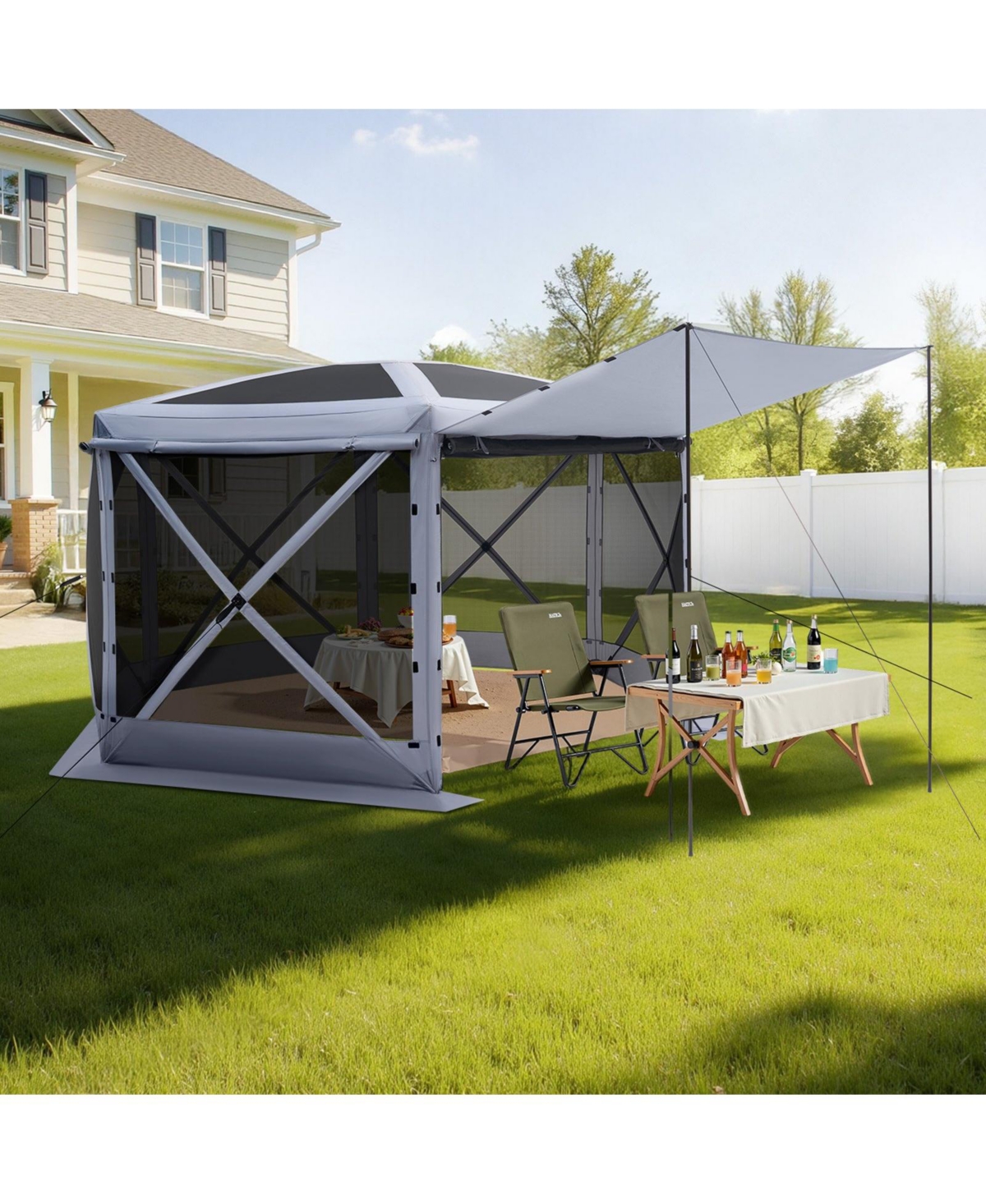 Mecale 12 x 12 ft Pop-Up Gazebo Screen Tent, 6-Sided, Removable Top, Carry Bag, Quick-Set, Bite-Proof, 8-10 Persons, Grey