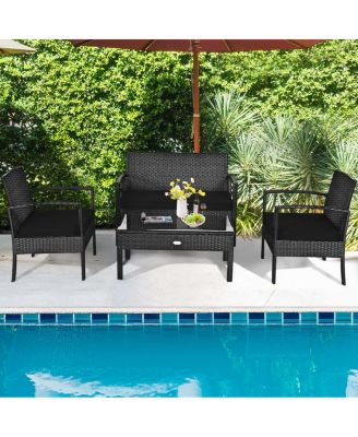 4 Piece Patio Rattan Furniture Set with Cushions, Loveseat & Table