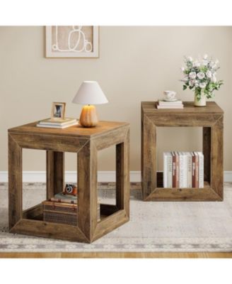 Farmhouse End Table Set of 2, 20" Large Square Side Table with Storage Shelf, Rustic Wood Nightstand for Bedroom, Living Room, and Office