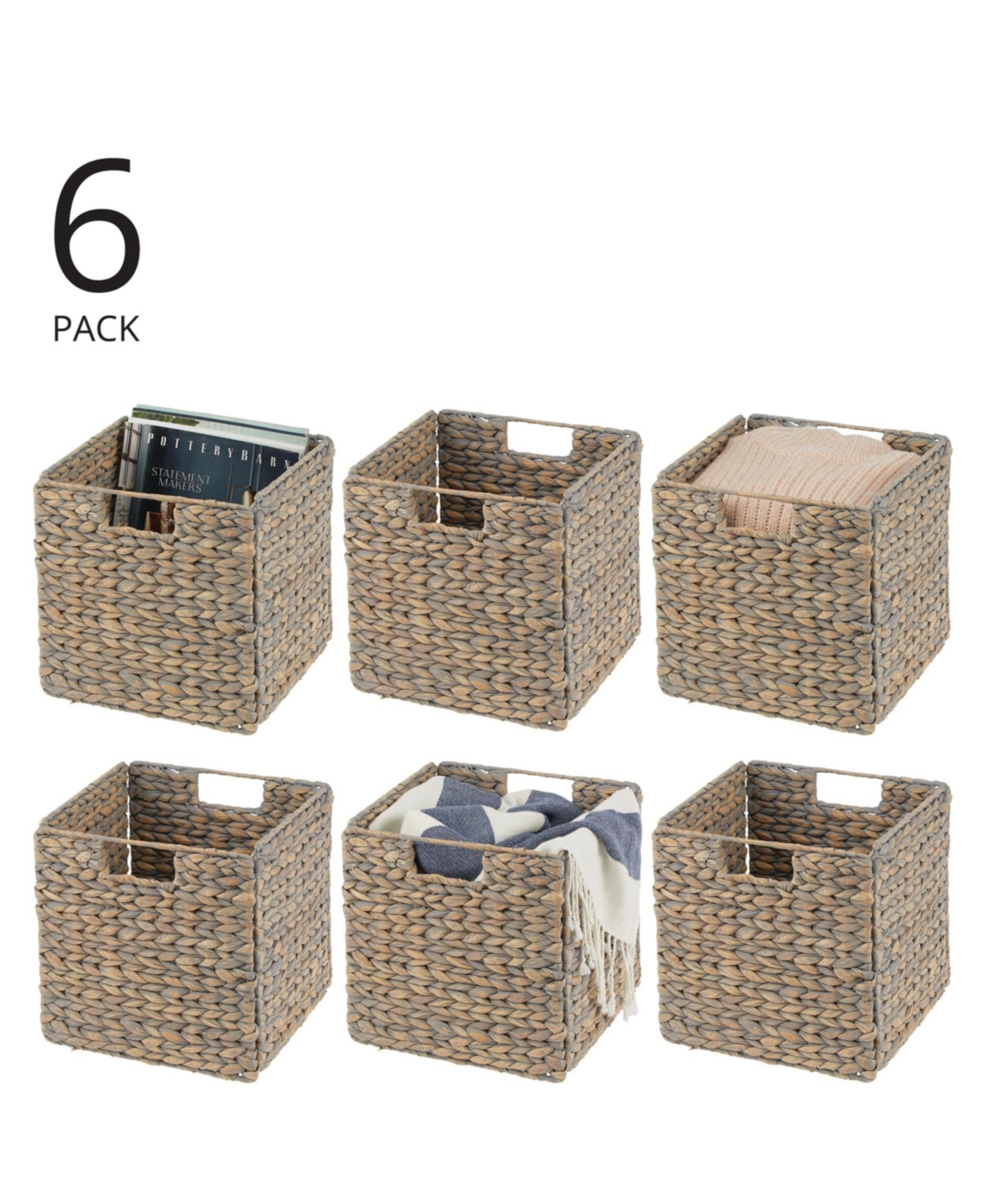 Hyacinth Woven Cube Bin Basket Organizer, Handles, 6 Pack, Gray Wash