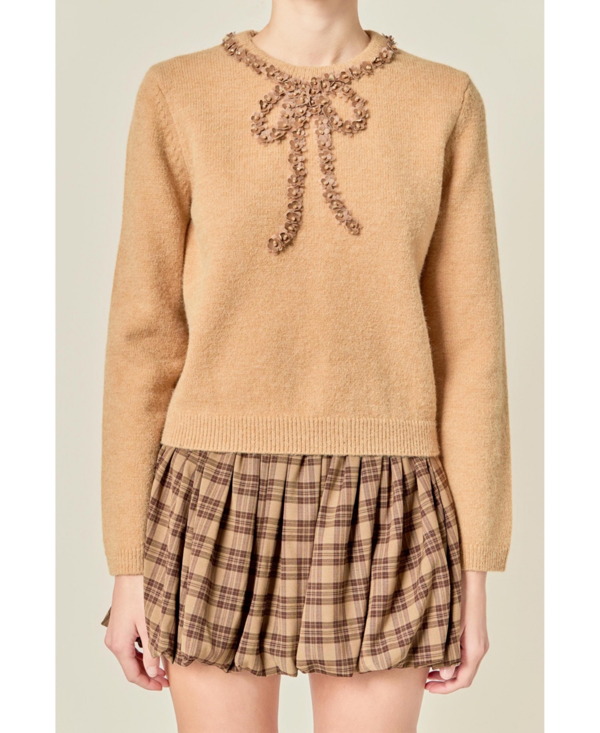 English Factory Women's Sheer Floral Bow Trim Sweater