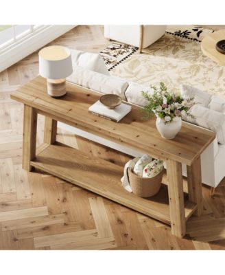 70.9" Solid Wood Console Table, 2-Tier Farmhouse Sofa Table for Entryway & Living Room, Natural