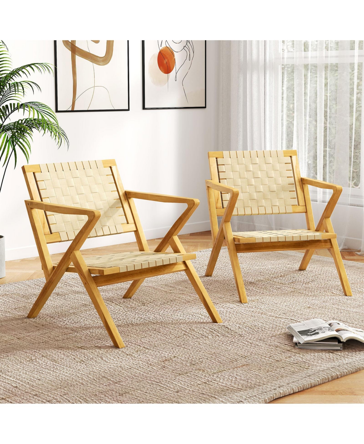 Slickblue Teak Wood Patio Chair with Webbing Seat and Backrest
