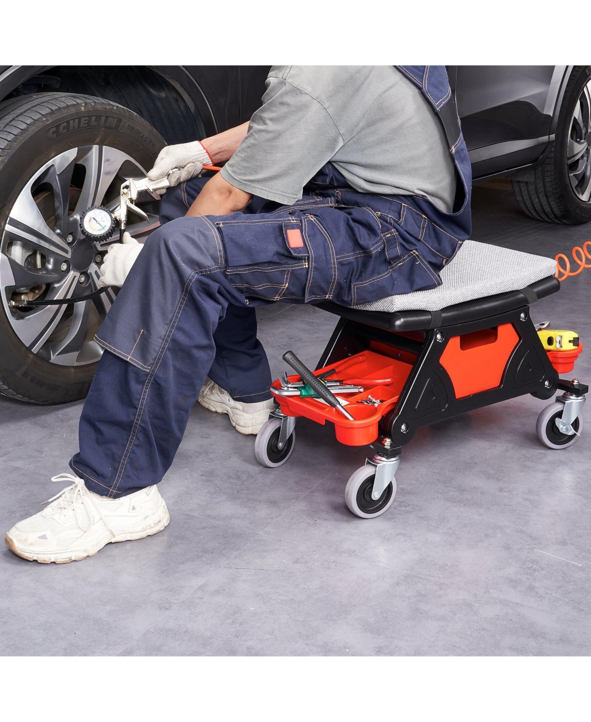 Mecale Rolling Mechanics Stool, 300-Lb Capacity, 4" Wheels, 3 Slide-Out Tool Trays & Drawer, Garage Seat