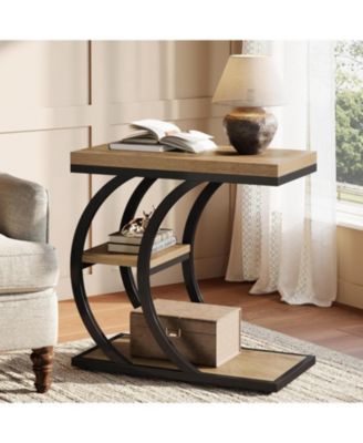 End Table for Living Room, 3-Tier Narrow Wood Couch C-Shaped Side Table with Storage, Industrial Nightstand