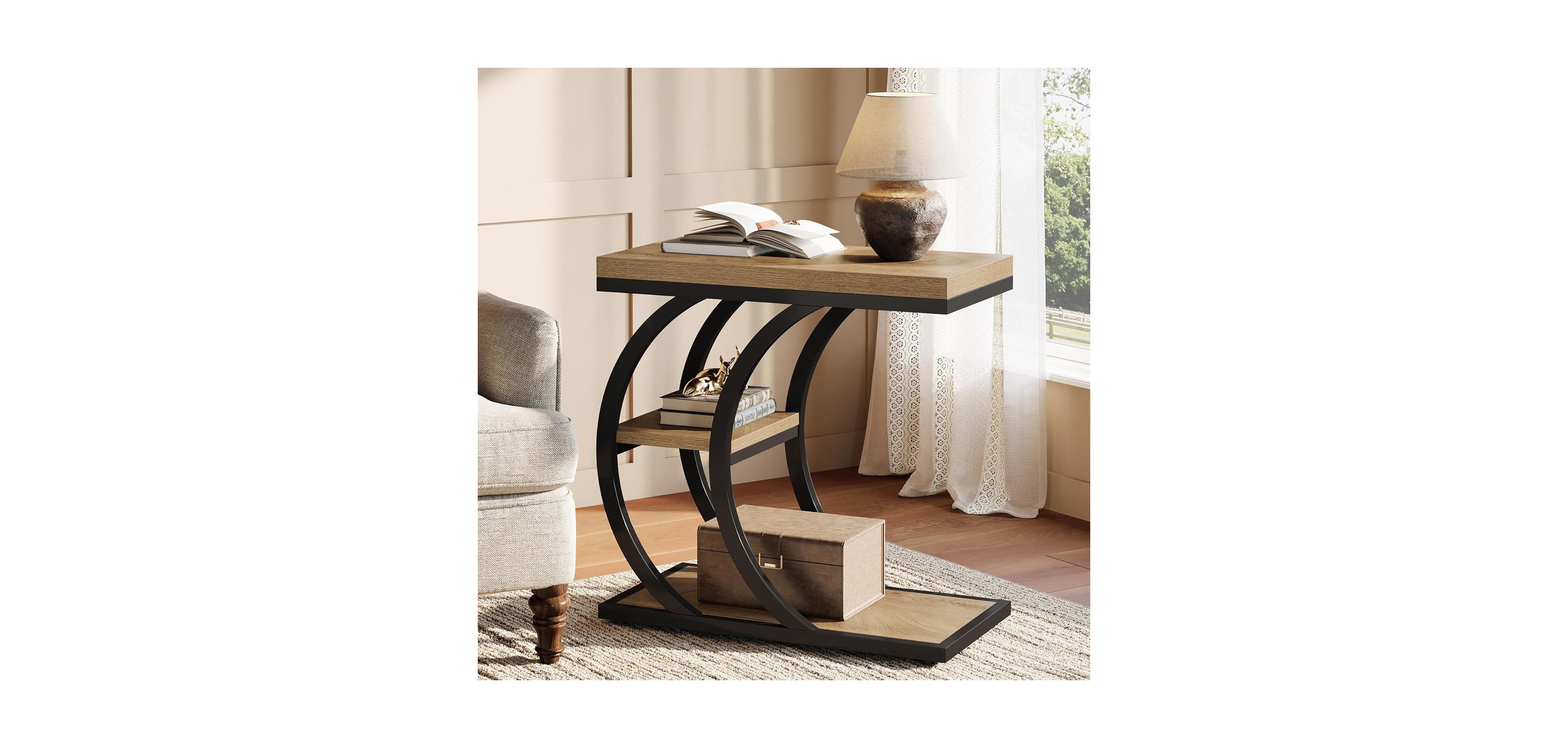 Tribesigns End Table for Living Room, 3-Tier Narrow Wood Couch C-Shaped Side Table with Storage, Industrial Nightstand