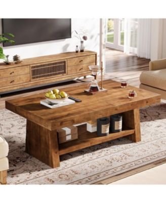 Solid Wood Coffee Table, 47-Inch Farmhouse Coffee Table with Storage, 2-Tier Rectangular Center Furniture
