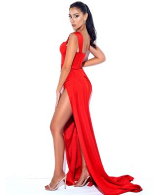 Women's Zayda Red High Slit Corset Satin Gown