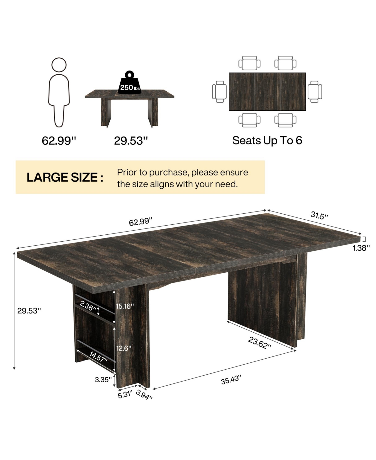 Tribesigns Farmhouse Dining Table for 6 to 8, 63-Inch Rectangular Wooden Kitchen with Storage, Industrial Dinner Shelves