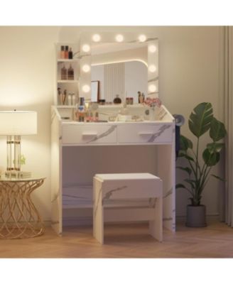 Vanity Desk Mirror and LED Lights - Makeup Vanity Desk for Bedrooms, Apartments, Easy to Assemble