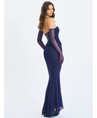 Women's Orabelle Navy Beaded Peplum Mermaid Gown with Lace-up Back