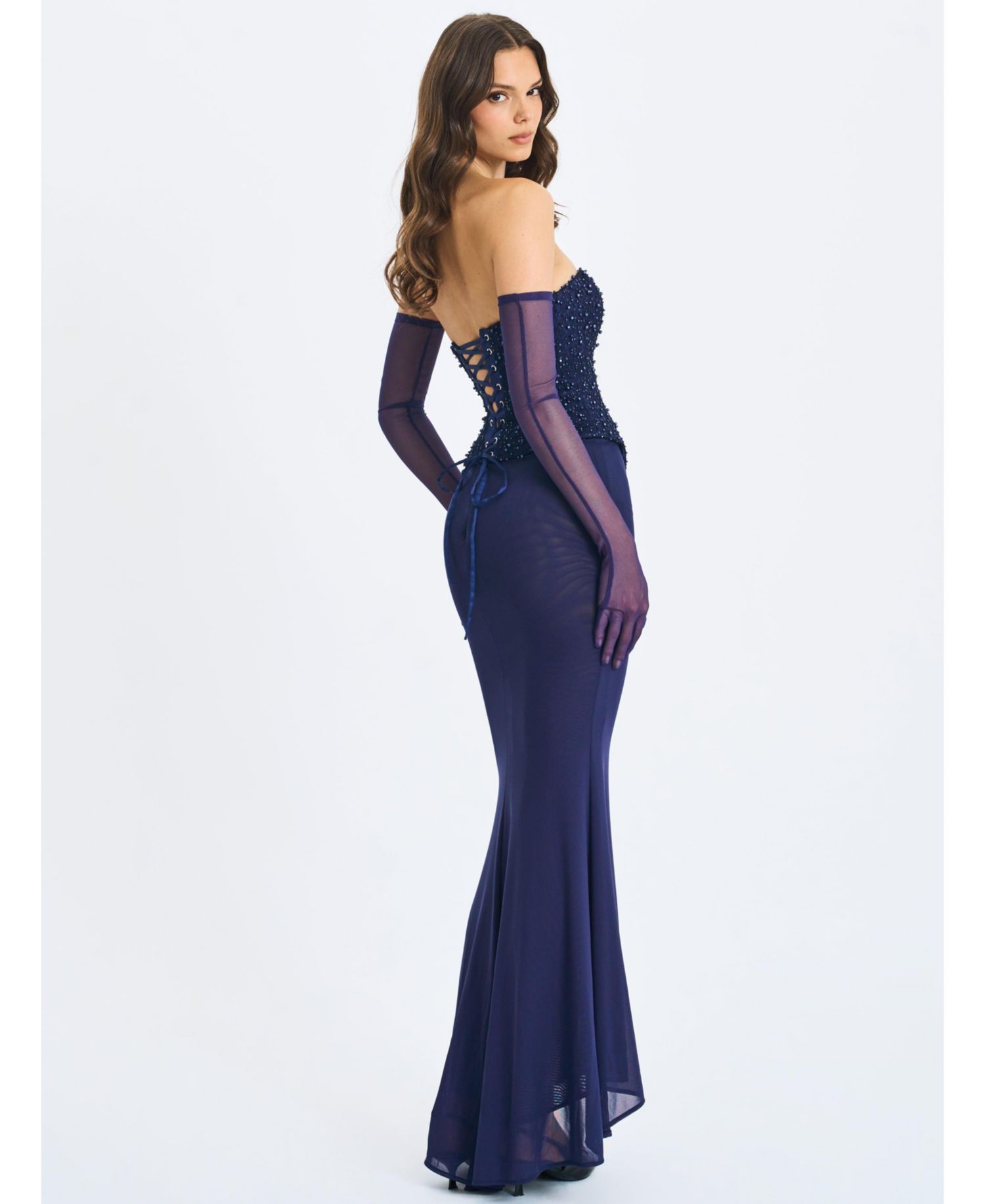 Women's Orabelle Beaded Peplum Mermaid Gown with Lace-up Back