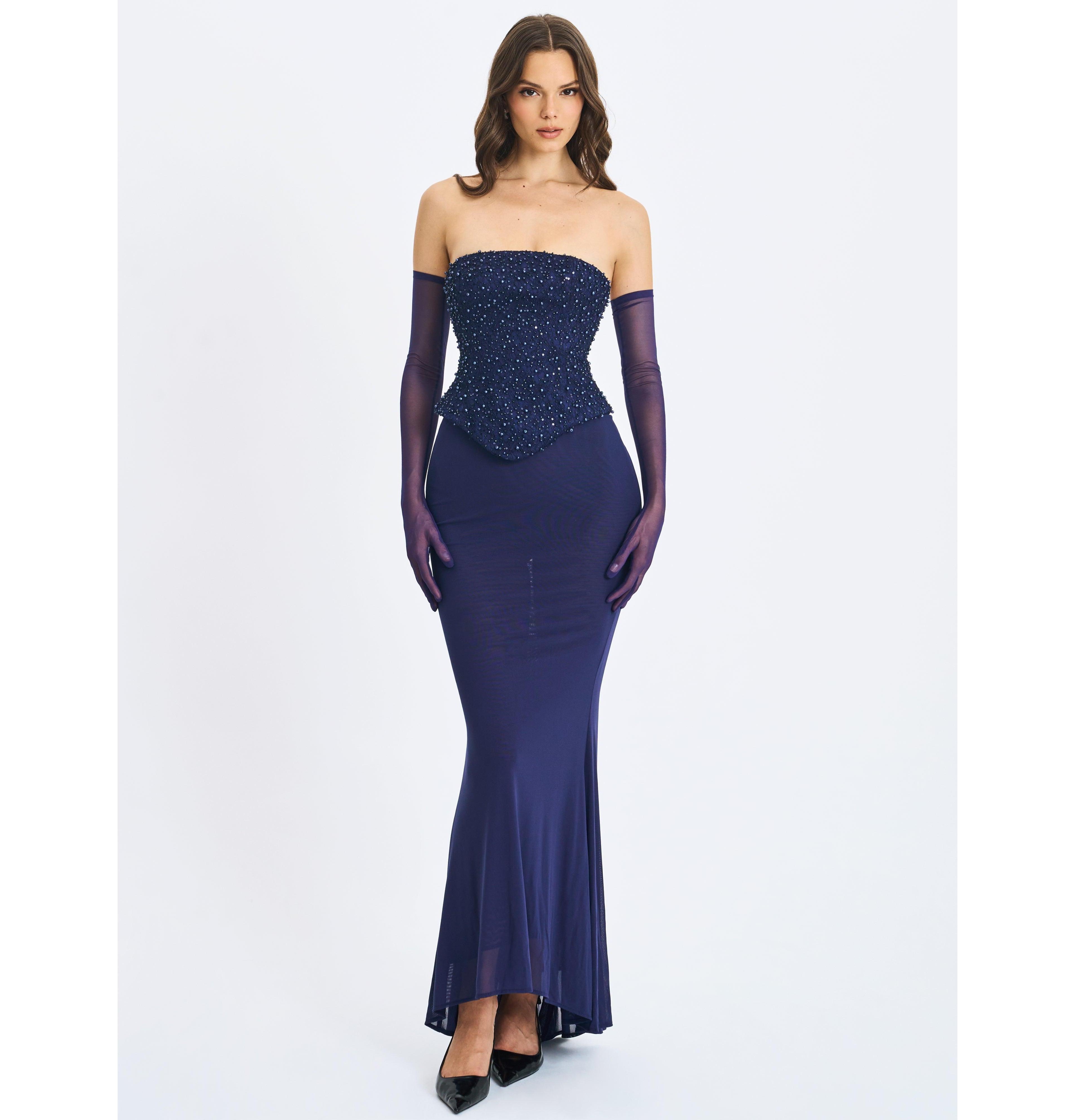 Miss Circle Women's Orabelle Navy Beaded Peplum Mermaid Gown with Lace-up Back