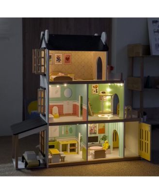 Light-Up Dollhouse for Girls, 3-Story Wooden House with Balcony & Furniture