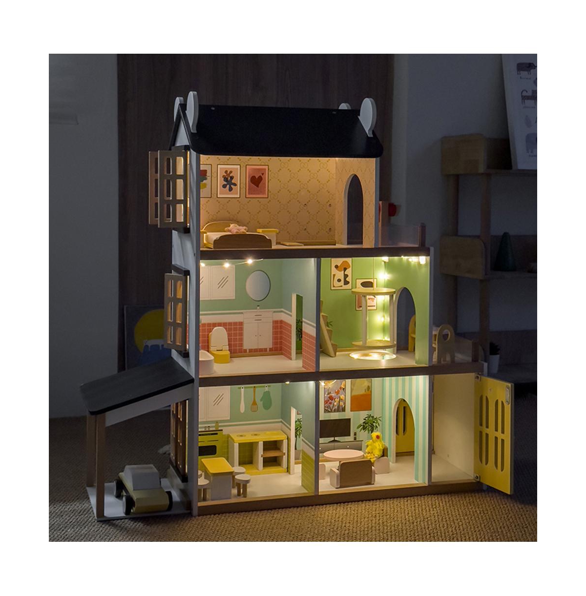 Bruce & Shark Light-Up Dollhouse for Girls, 3-Story Wooden House with Balcony & Furniture