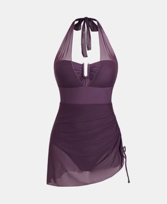 Women's U-Wire Neck Halter Drawstring Mesh One Piece Swim Dress