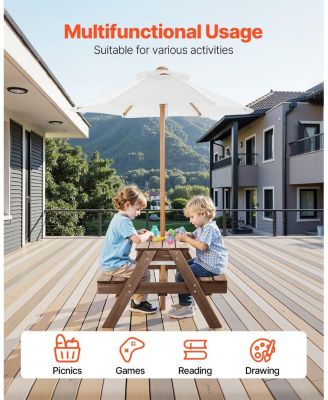 Kids Picnic Table with Umbrella, 3-in-1 Sand and Water Table, Wooden Table and Bench Set with 2 Trays, Seats 4